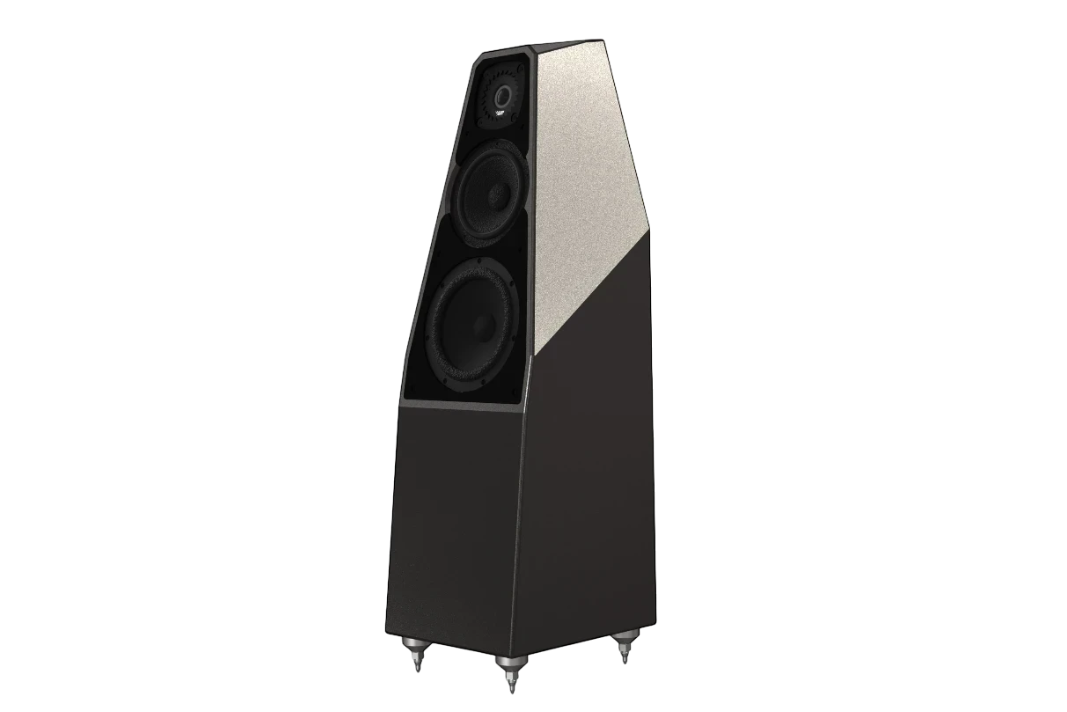 Salon 1 Audio Wilson Audio Sabrina V floorstanding speaker in a two-tone silver and black finish with a modern design.