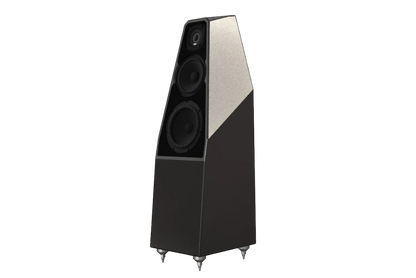 Salon 1 Audio Wilson Audio Sabrina V floorstanding speaker in a two-tone silver and black finish with a modern design.