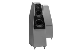 Salon 1 Audio Wilson Audio Sabrina V floorstanding speakers in a sleek grey finish with high-end driver configuration.