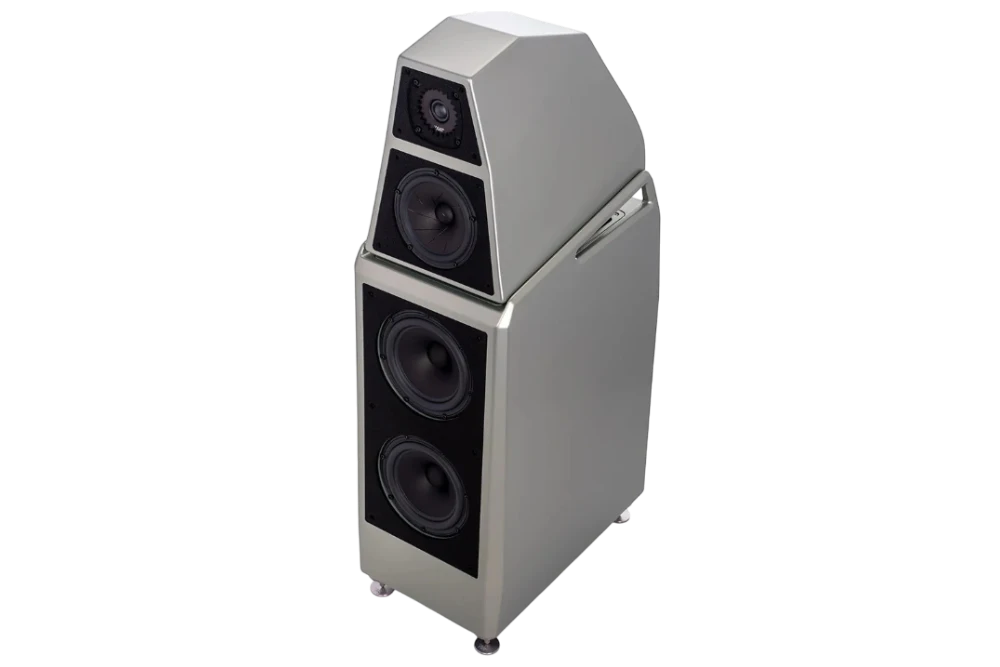 Salon 1 Audio Wilson Audio Sasha V floorstanding speaker in a sleek silver finish with high-end driver configuration.