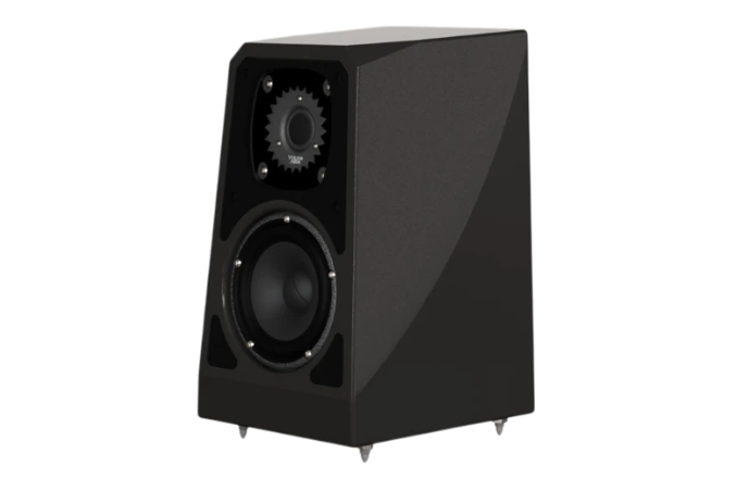 Salon 1 Audio Wilson Audio TuneTot bookshelf speaker in black with an asymmetrical cabinet and high-end drivers.