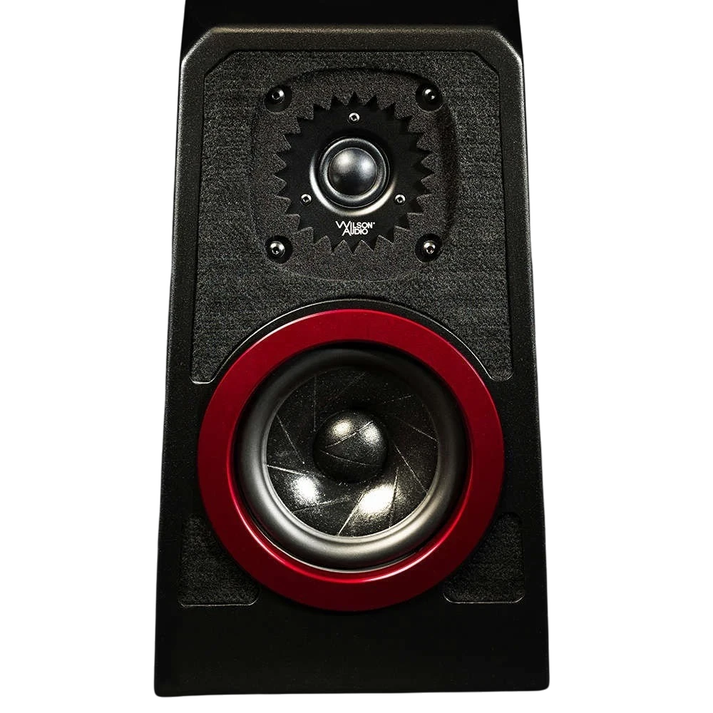 Salon 1 Audio Wilson Audio TuneTot bookshelf speaker in black with a striking red woofer trim and silk dome tweeter.