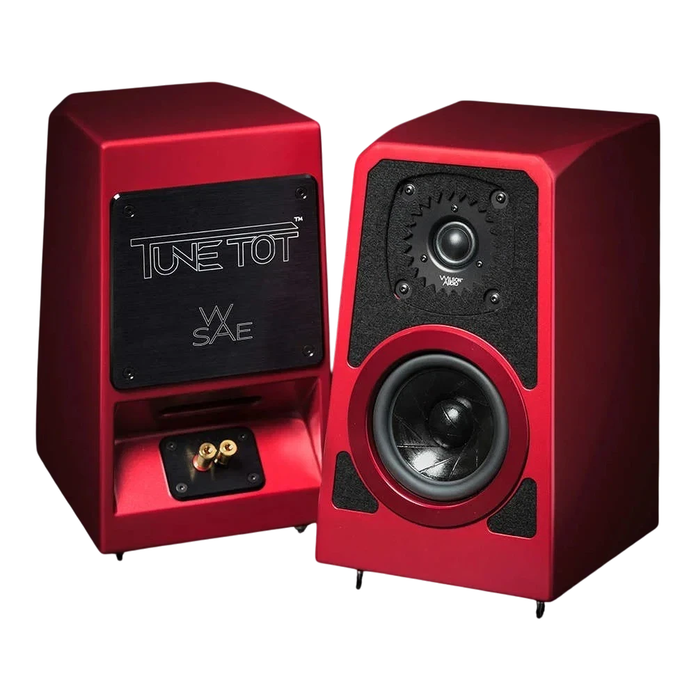 Salon 1 Audio Wilson Audio TuneTot crimson satin bookshelf speakers showing front and rear views with driver detail