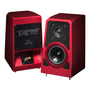 Salon 1 Audio Wilson Audio TuneTot crimson satin bookshelf speakers showing front and rear views with driver detail