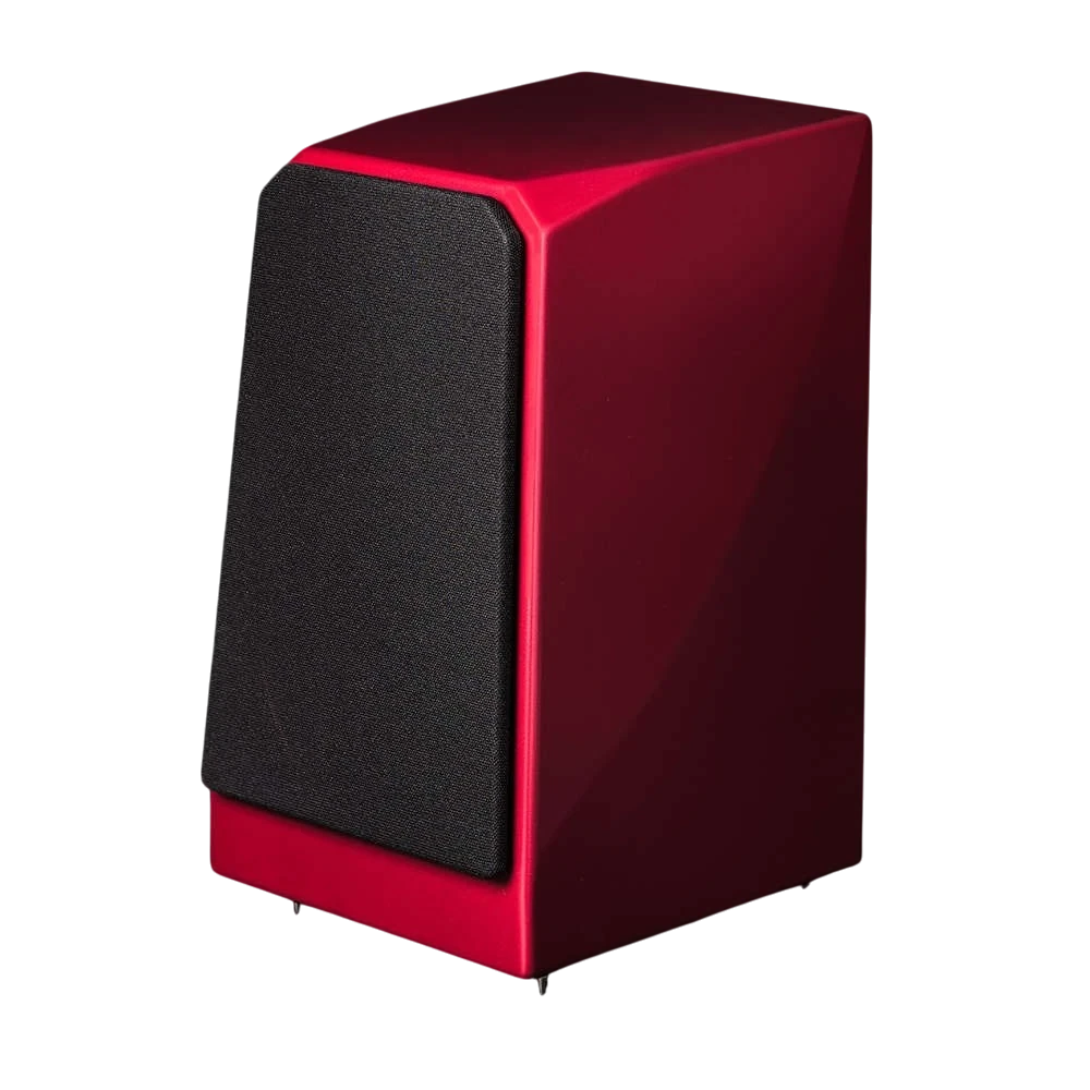 Salon 1 Audio Wilson Audio TuneTot crimson satin bookshelf speaker with black grille against a dark background