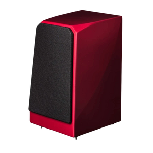 Salon 1 Audio Wilson Audio TuneTot crimson satin bookshelf speaker with black grille against a dark background