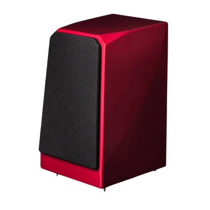 Salon 1 Audio Wilson Audio TuneTot crimson satin bookshelf speaker with black grille against a dark background