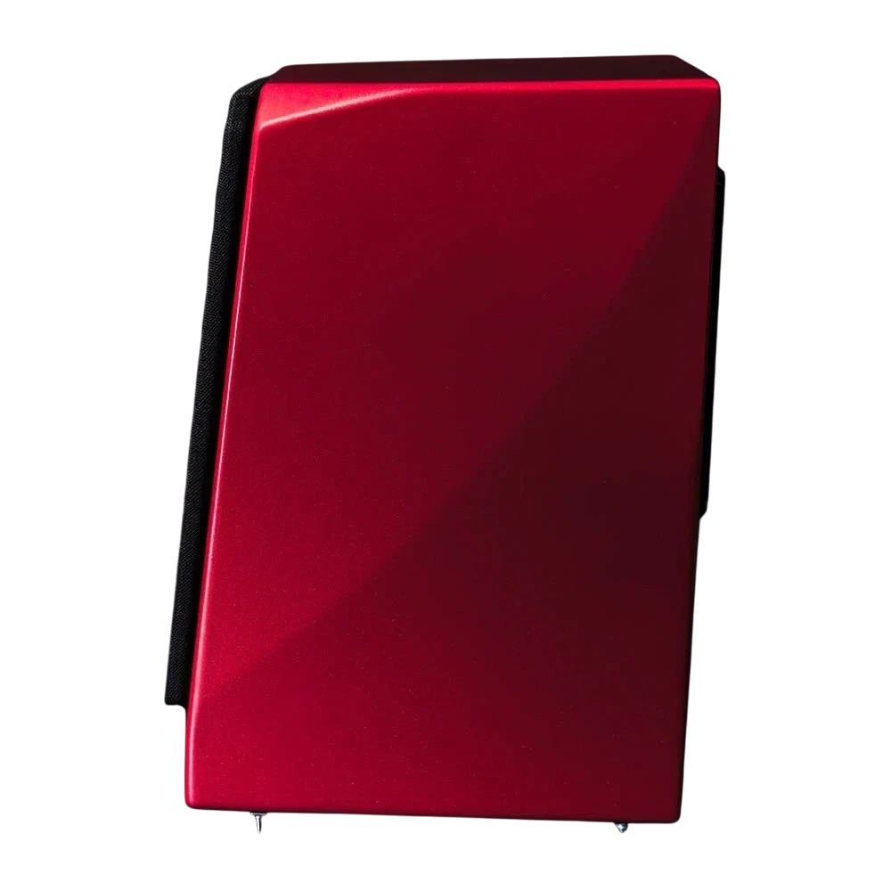 Salon 1 Audio Wilson Audio TuneTot bookshelf speaker in crimson satin finish, side view showing asymmetrical design.