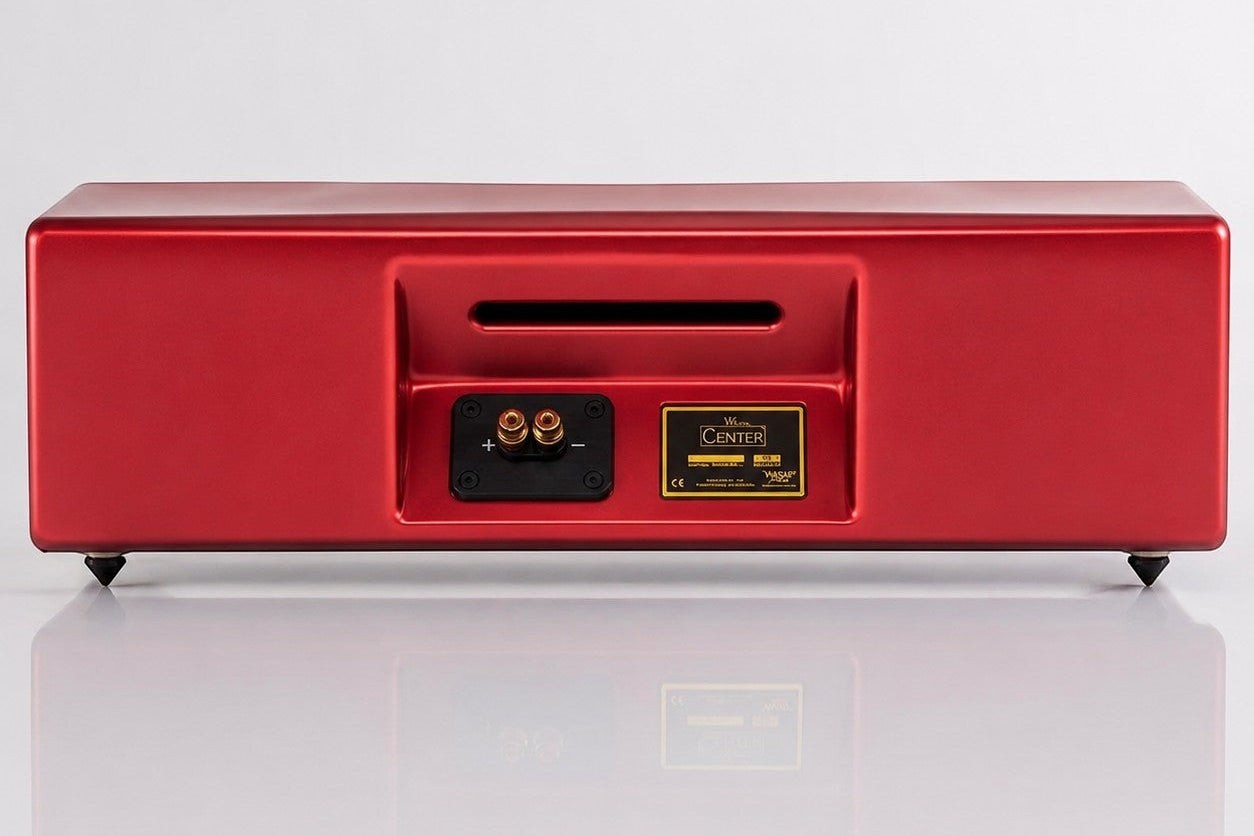 Salon 1 Audio Wilson Audio WASAE center channel speaker in metallic red, rear view showing binding posts and vent.