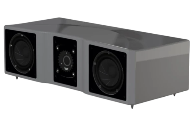 Salon 1 Audio Wilson Audio WASAE center channel speaker in a sleek grey finish with dual mid-woofers and central tweeter.