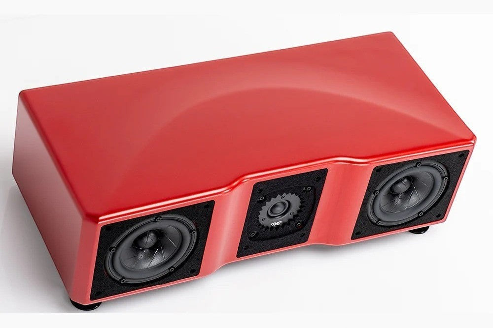 Salon 1 Audio Wilson Audio WASAE center channel speaker in a glossy red finish with dual mid-woofers and central tweeter.