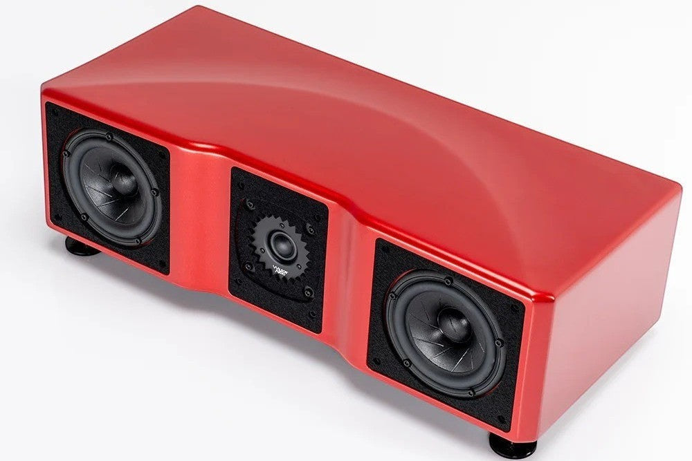 Salon 1 Audio Wilson Audio WASAE center channel speaker in a glossy red finish with dual mid-woofers and a tweeter.