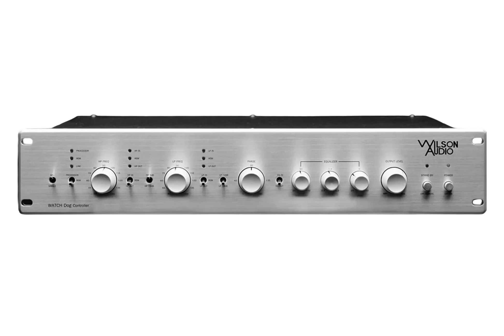 Salon 1 Audio Wilson Audio WATCH Controller front panel with silver finish, control knobs, and status indicator lights.