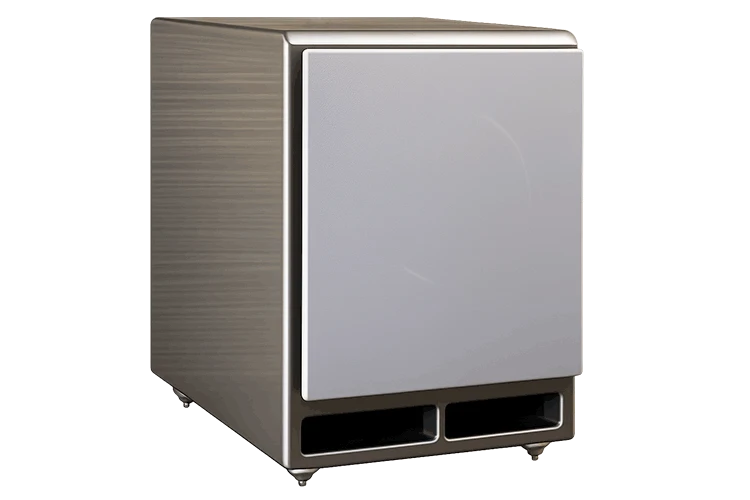 Salon 1 Audio Wilson Audio WATCHDOG II powered subwoofer in Desert Silver finish with front-firing port design.