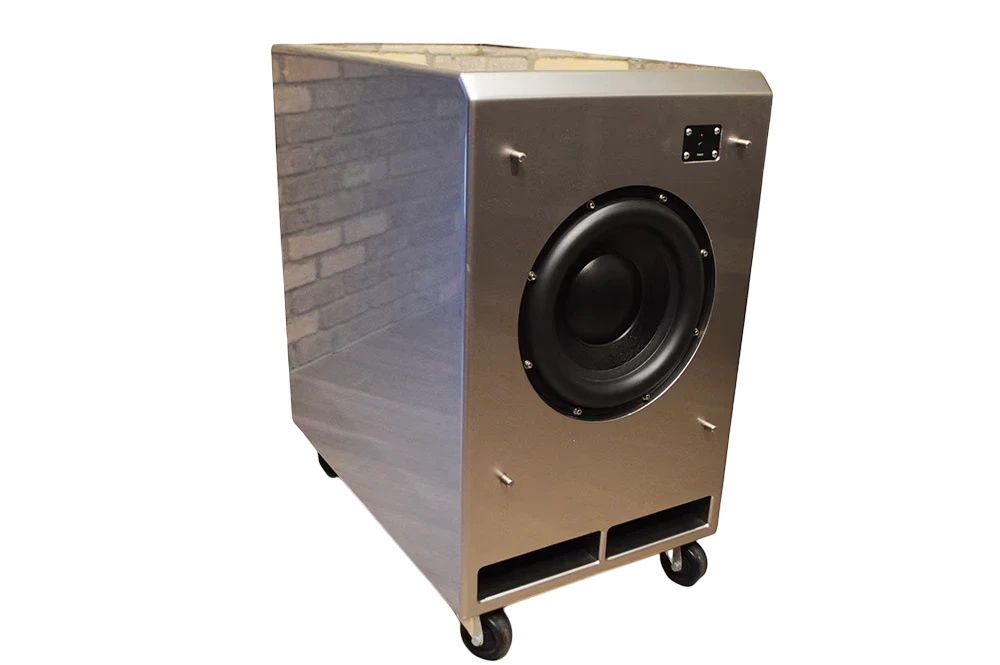 Salon 1 Audio Wilson Audio WATCHDOG II powered subwoofer in Desert Silver finish with 12-inch front-firing driver.