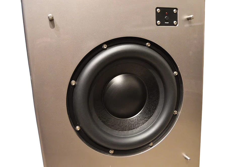 Salon 1 Audio Wilson Audio WATCHDOG II powered subwoofer in Desert Silver finish with 12-inch front-firing driver.