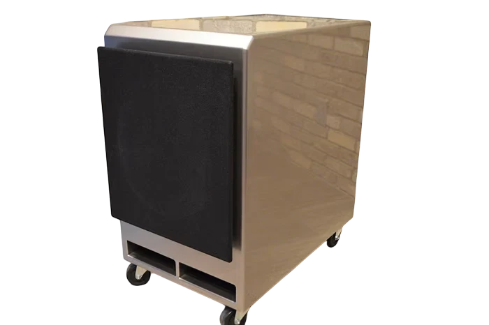 Salon 1 Audio Wilson Audio WATCHDOG II powered subwoofer in Desert Silver finish with black grille on casters