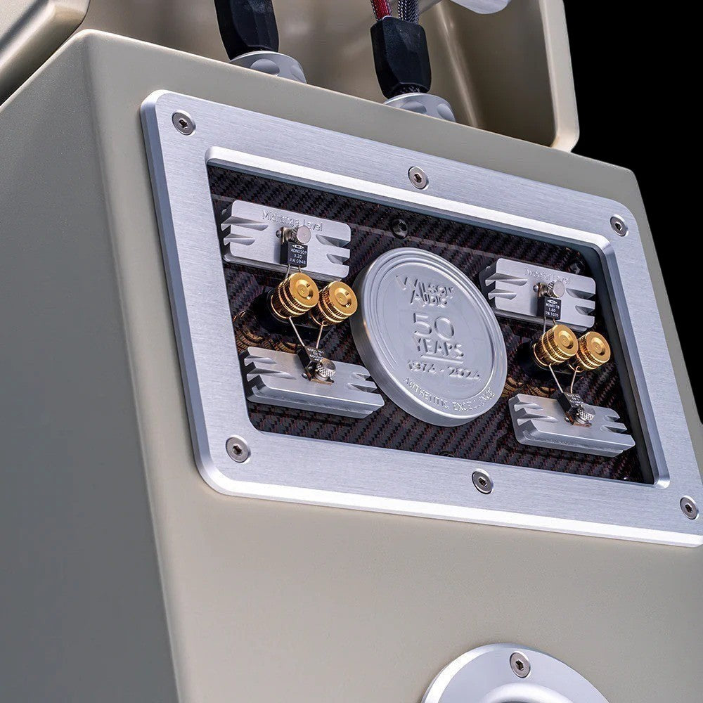 Salon 1 Audio Wilson Audio WATT/Puppy speaker rear panel featuring 50th anniversary badge and premium connection terminals