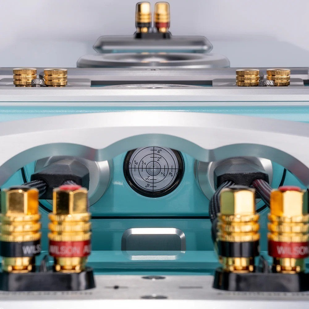 Salon 1 Audio Wilson Audio WATT/Puppy speaker rear view showing gold binding posts, integrated bubble level, and handle