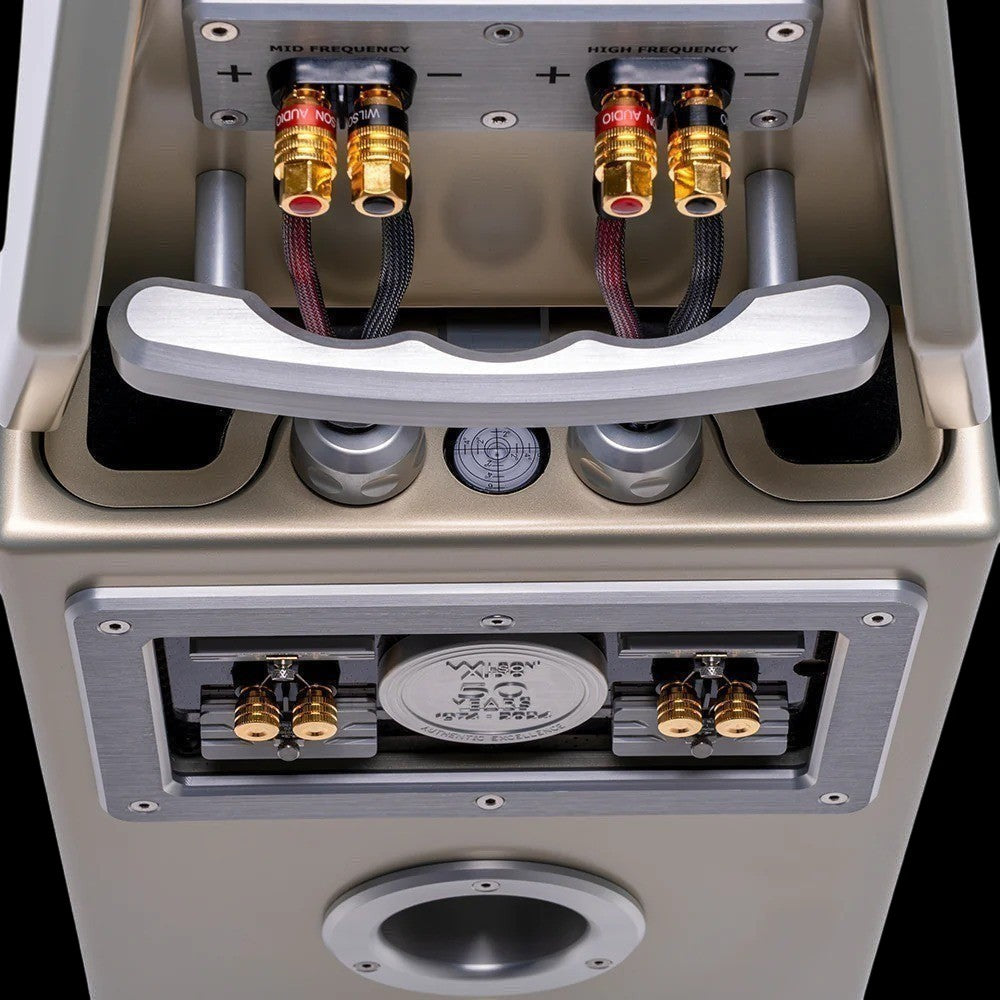 Salon 1 Audio Wilson Audio WATT/Puppy speaker rear view showing gold-plated terminals, handle, and bubble level.