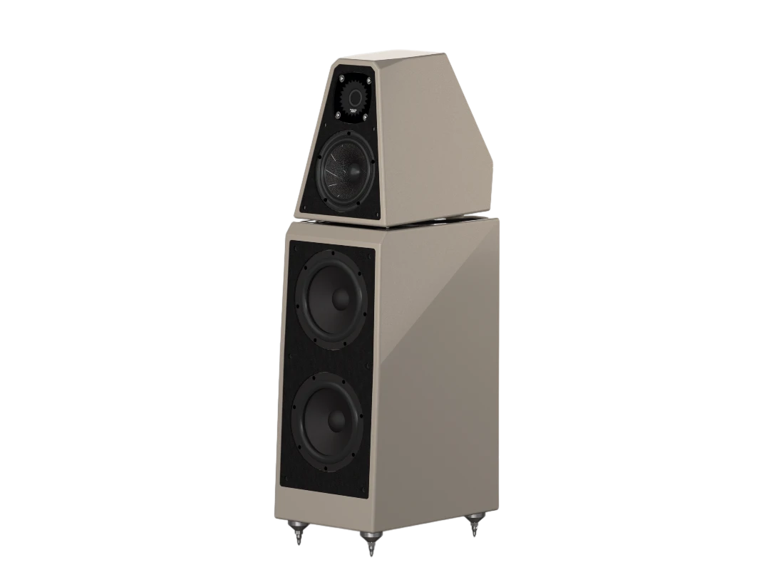 Salon 1 Audio Wilson Audio WATT/Puppy floorstanding speaker in a sleek beige finish with a three-way driver design.