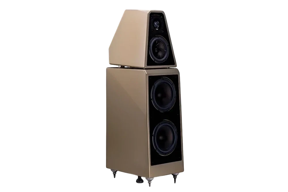 Salon 1 Audio Wilson Audio WATT/Puppy floorstanding speaker in a glossy metallic finish with a three-way driver design.
