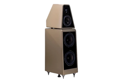Salon 1 Audio Wilson Audio WATT/Puppy floorstanding speaker in a glossy metallic finish with a three-way driver design.