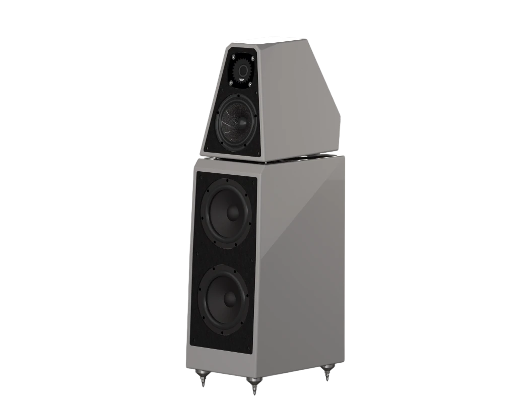 Salon 1 Audio Wilson Audio WATT/Puppy floorstanding speaker in a sleek grey finish with dual woofers and top monitor.
